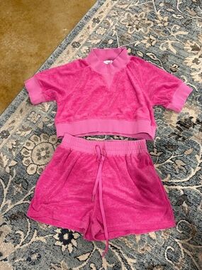 Pink Terry Short Sleeve Crop Top & Drawstring Shorts Set
